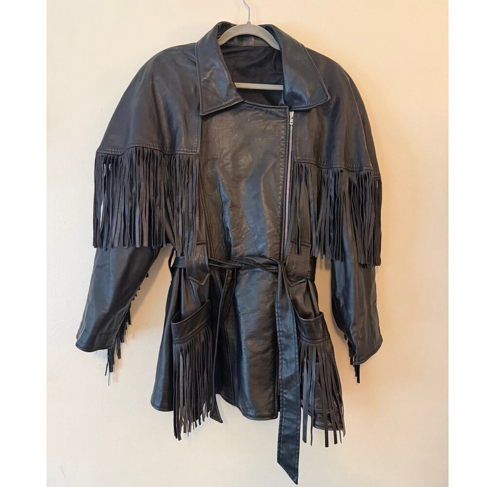 Black Leather Fringe Belted Western Biker Coat Women’s L, Asymmetrical zip